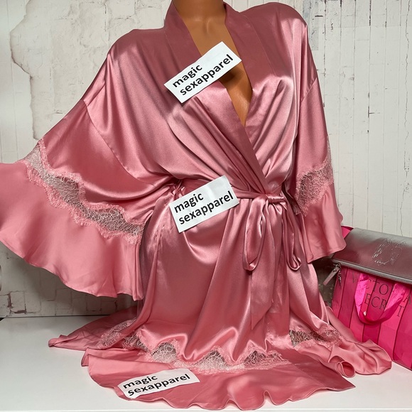 Victoria's Secret Other - VS M/L FLOUNCE SATIN LACE ROBE KIMONO LINGERIE PLUNGE BOW